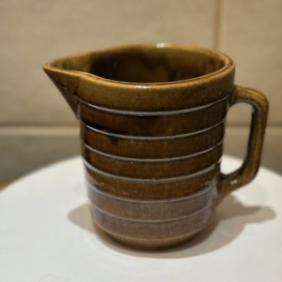 Vintage Stoneware Brown Pitcher Pottery 5" Glazed Ribbed Crock Pottery - Picture 4 of 7